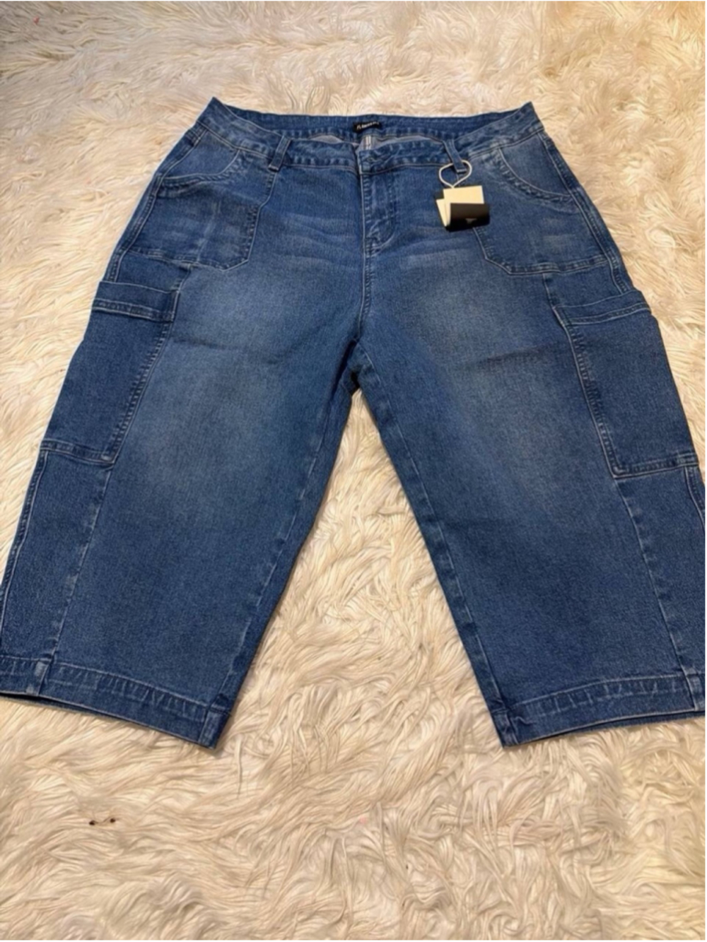 Flamingals mid-waist cargo jean shorts medium blue wash side pockets 3XL